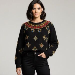 Vintage Black Bead Embellished Silk Angora Wool Blend Sweater Dress Size S